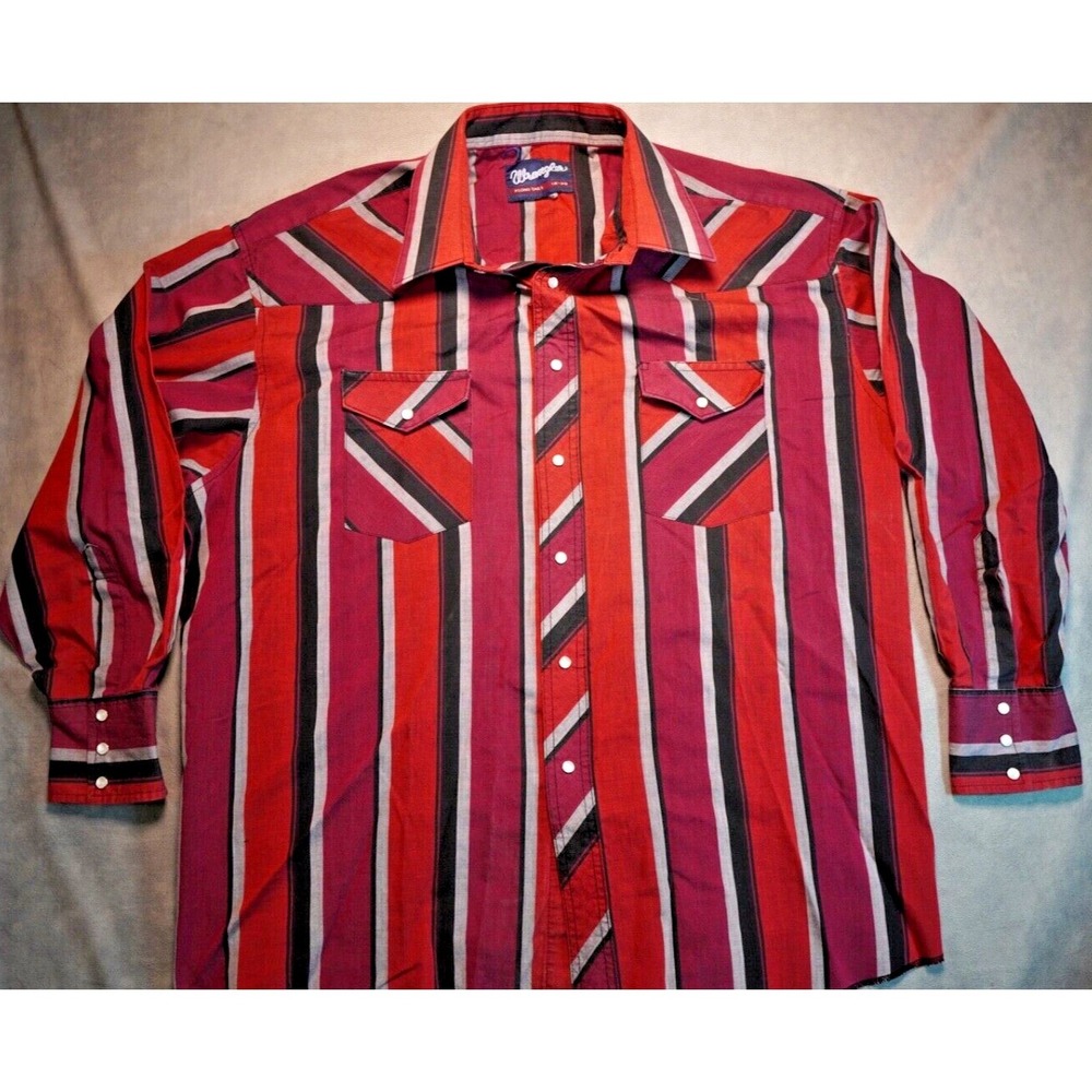 VTG Wrangler Shirt Men's 18-35 XXL Western Pearl Snap Red Striped Long Sleeve